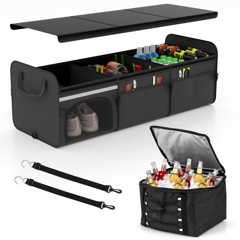 Car Organizer - กล่องเก็บของท้ายรถขนาด 18 แกลลอนพร้อมฝาปิด กล่องเก็บของแบบพกพา 3 ช่อง-สีดำ