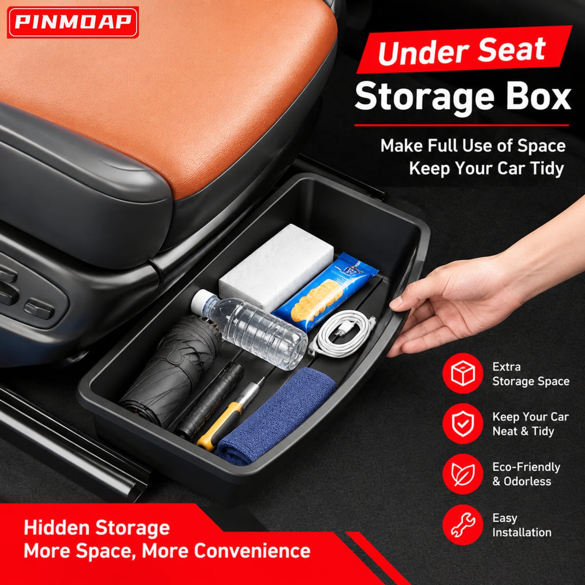 Car Cable Organizer - ถาดจัดเก็บของในรถยนต์ใต้เบาะ PINMOAP ถาดพลาสติกสีดำ ทรงยาวลึก สำหรับร่ม ทิชชู